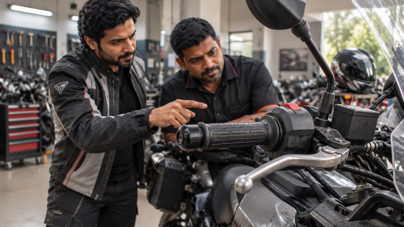 A motorcycle owner explaining a recent observation to a professional technician during a routine workshop visit.
