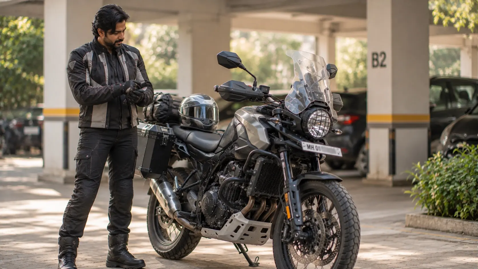 A rider spending a few moments looking over a motorcycle before setting off for a regular ride.
