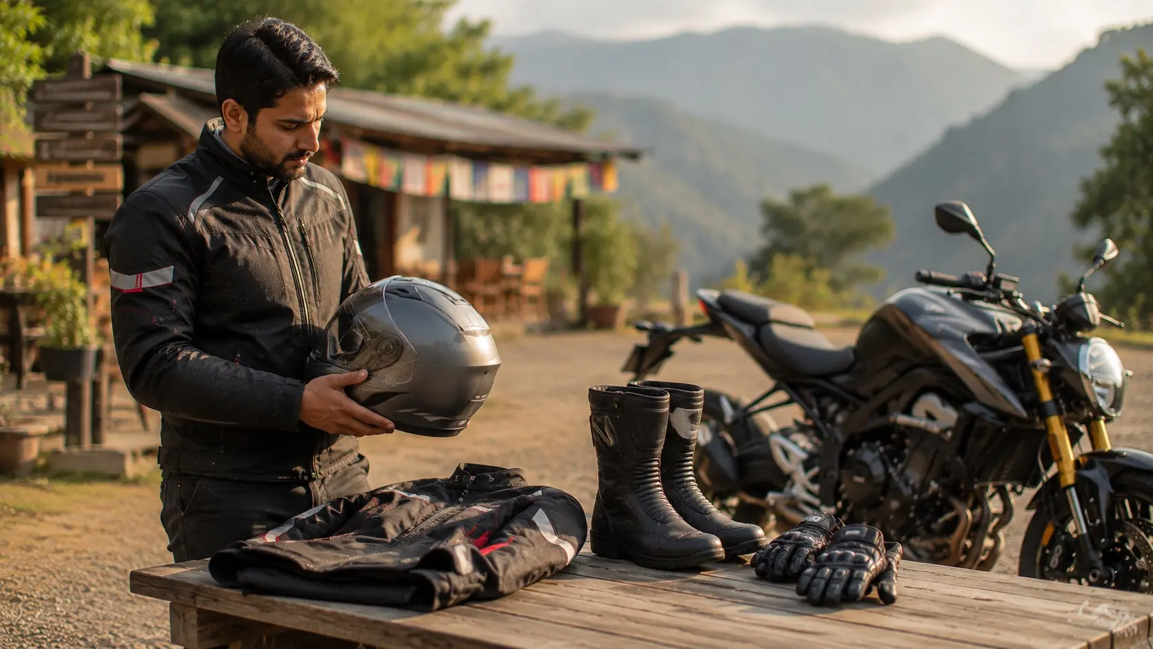 Rider preparing for a trip with basic safety gear