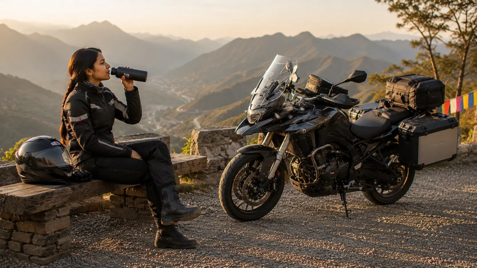Touring rider taking a break during a long ride