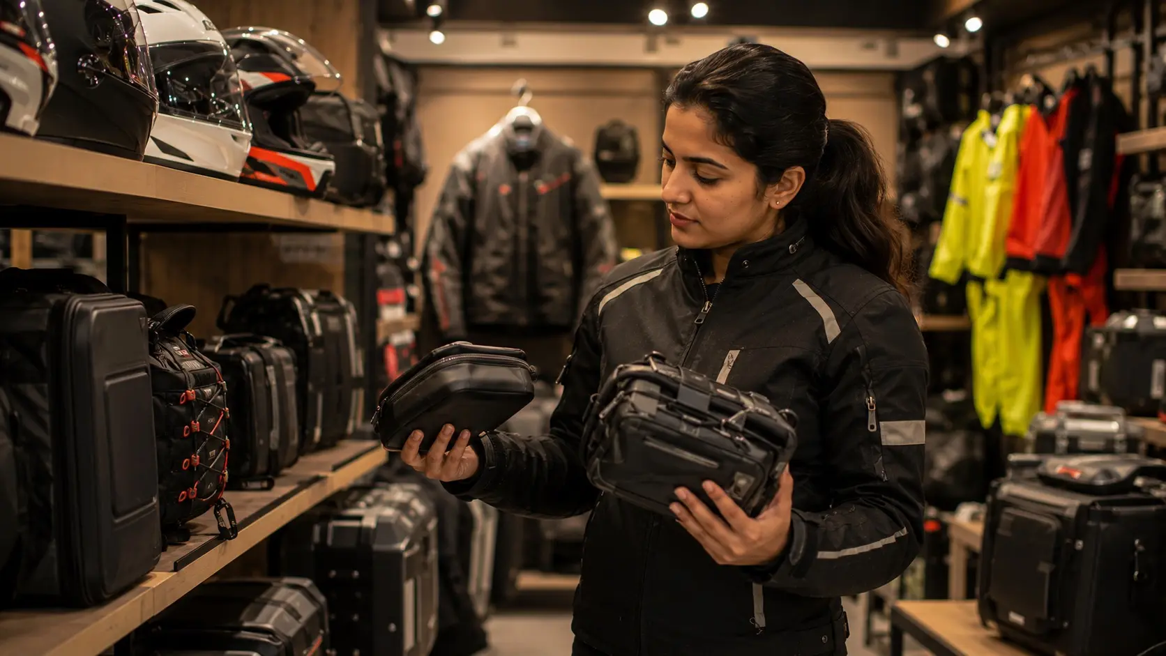 Motorcyclist comparing touring gear purchases