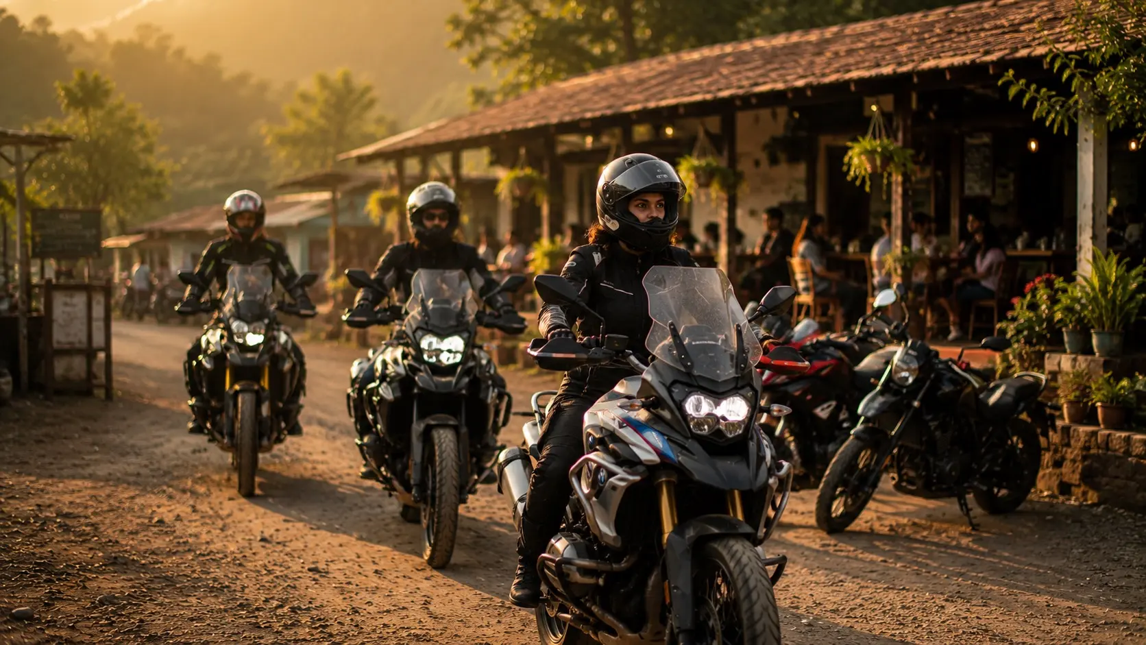 Group of riders arriving at a roadside cafe early in the morning