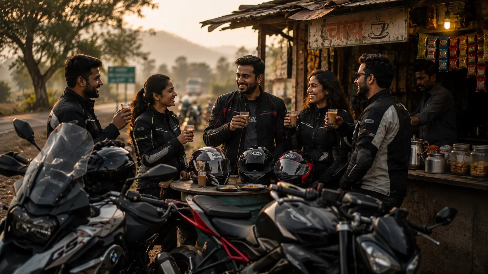 Motorcyclists gathered around a roadside chai stall during a weekend ride