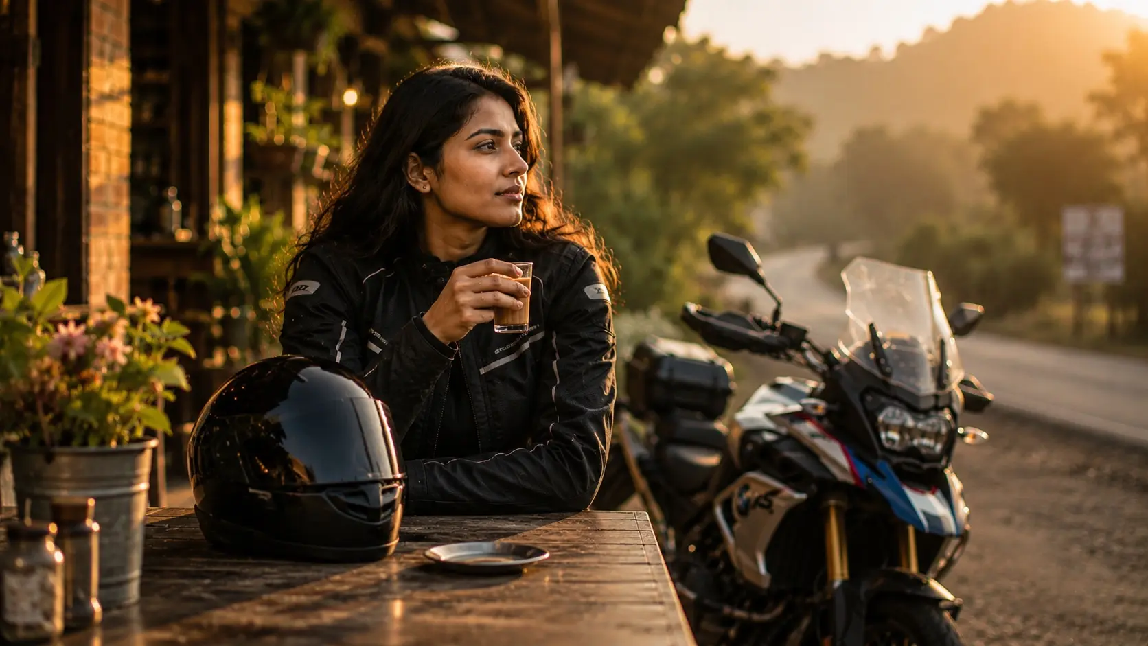 Solo rider enjoying a quiet morning break at a roadside cafe