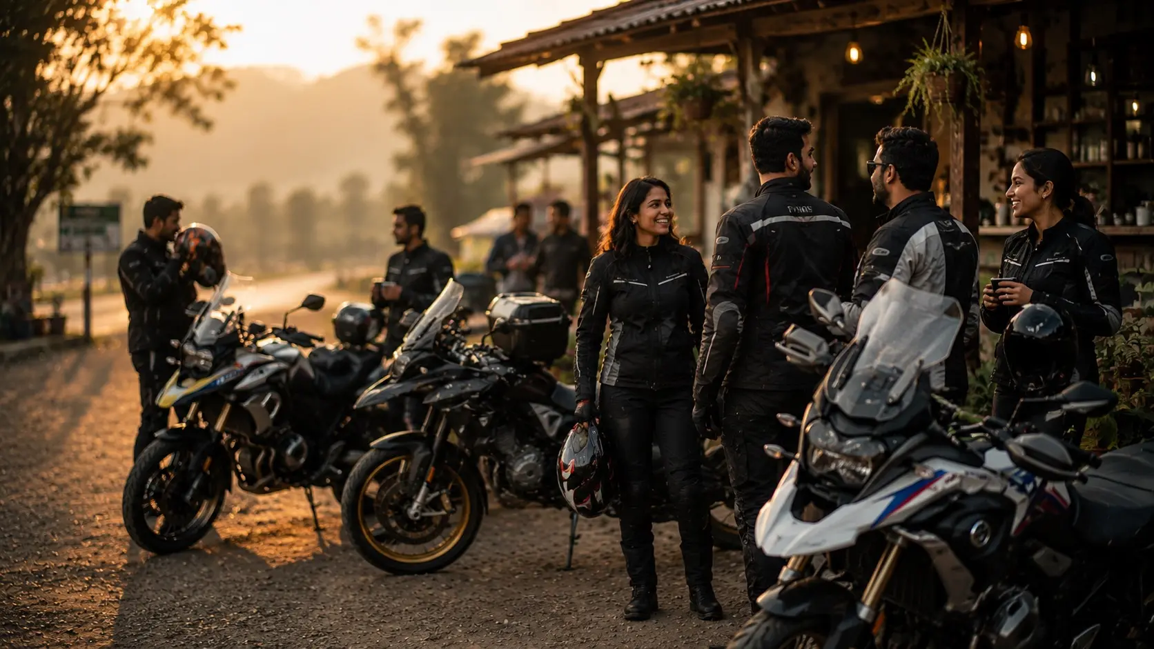 Group of riders gathered outside a roadside cafe during a weekend ride