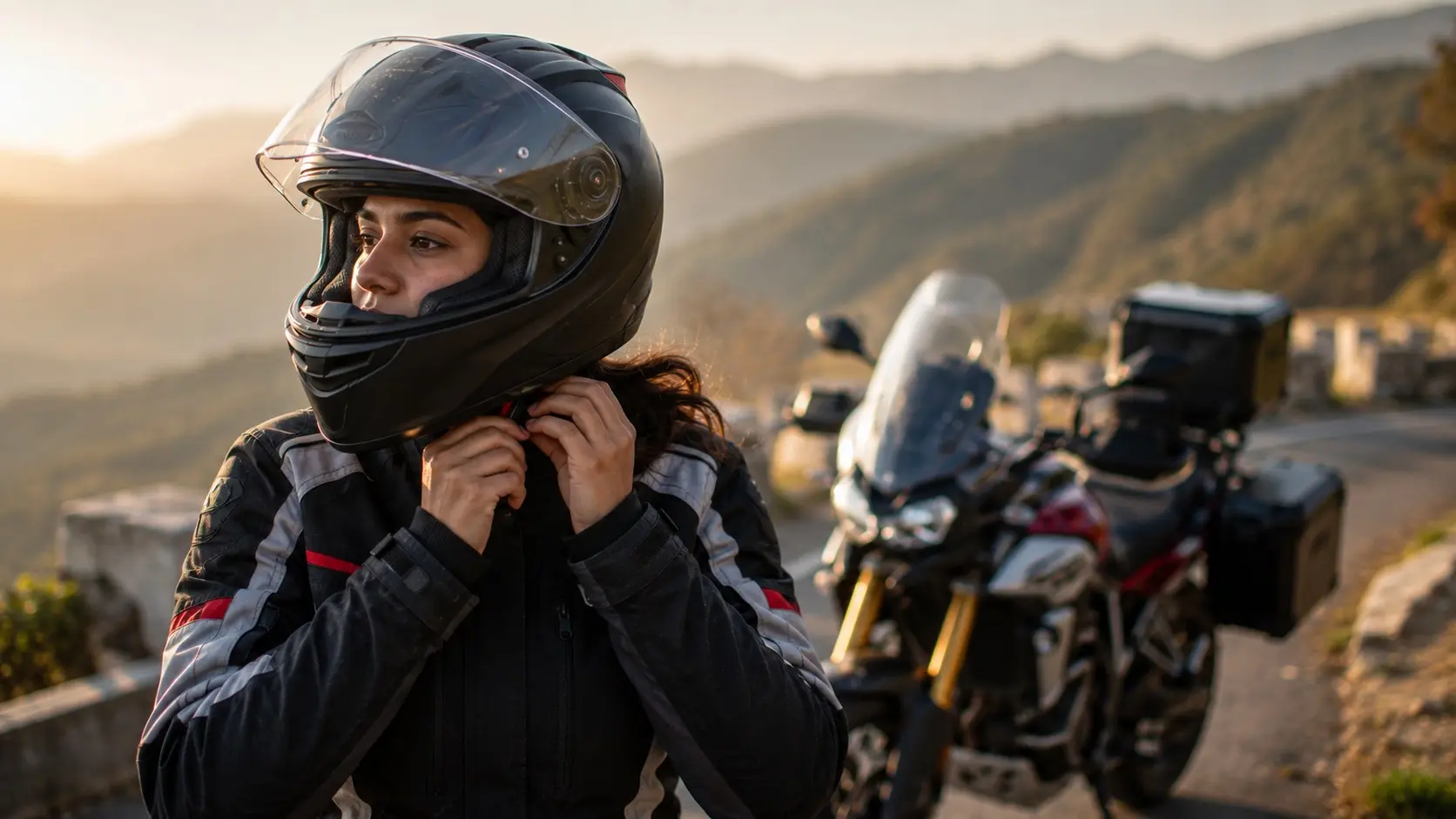 Touring rider adjusting a helmet before a long ride