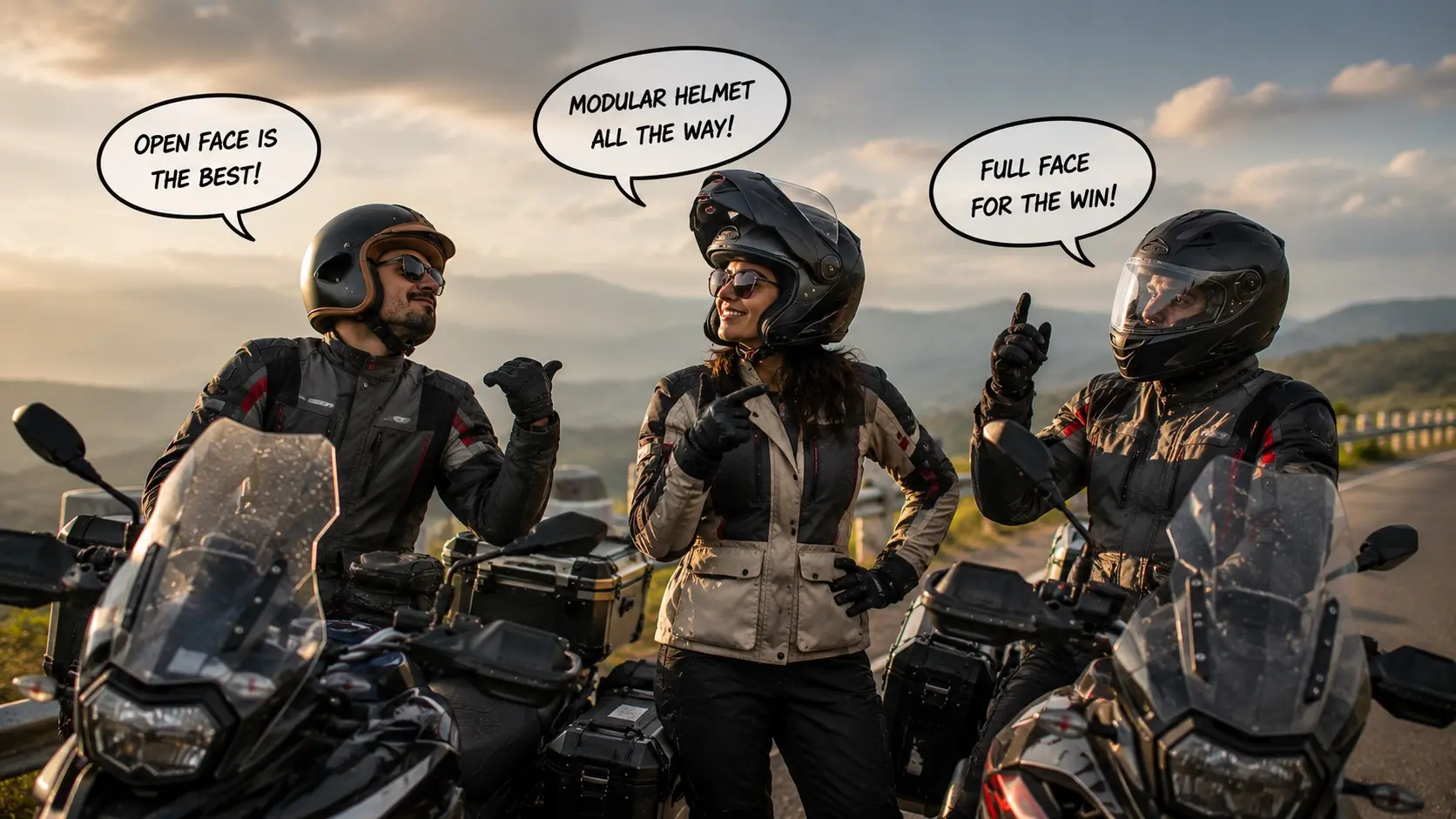 Touring rider wearing a full face helmet on a long distance ride