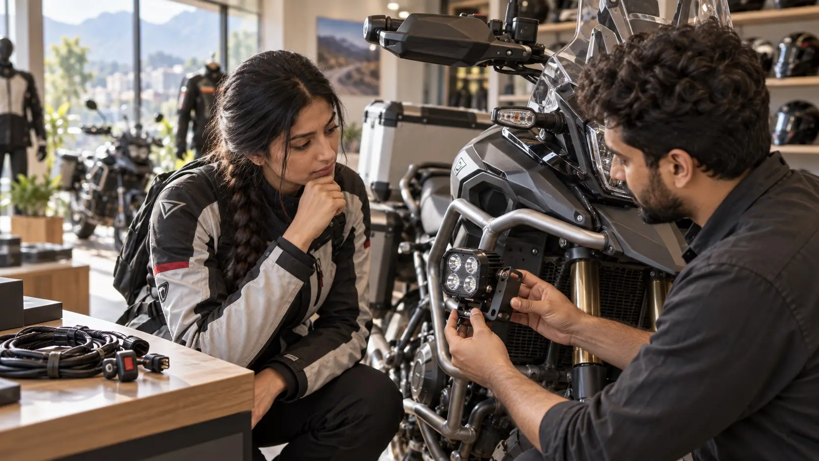 A rider and motorcycle accessories specialist examining a proposed auxiliary light mounting position on a parked adventure motorcycle.