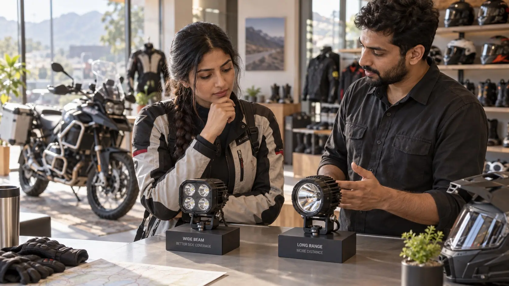 An Indian rider comparing auxiliary motorcycle lights with a specialist in a professional accessories store.