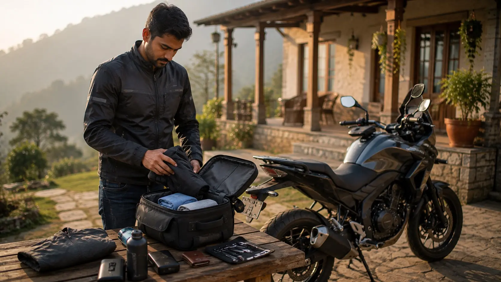 A rider comparing different luggage capacities on display motorcycles inside a premium motorcycle touring store.