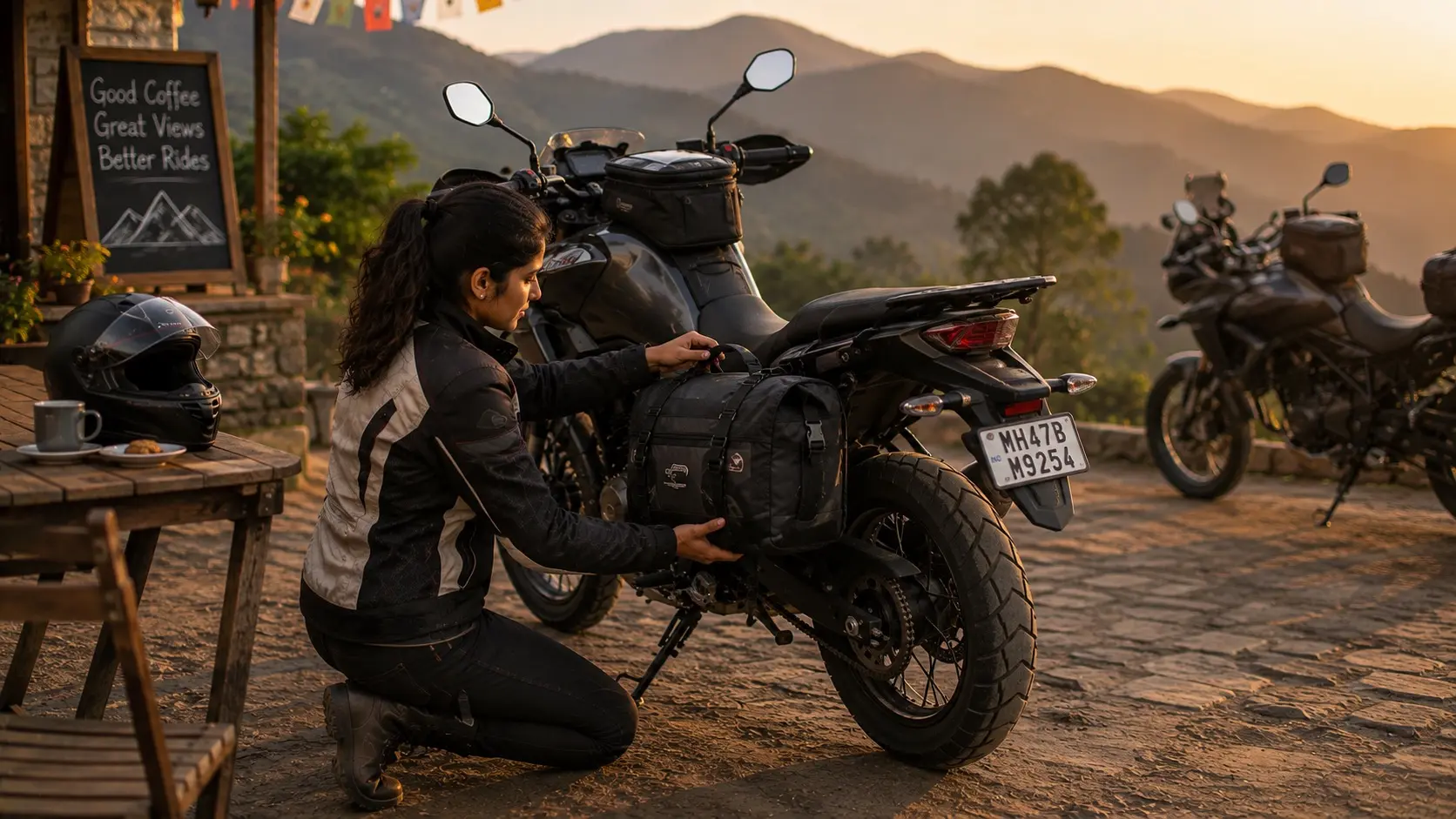 A rider checking removable soft luggage mounted on a touring motorcycle before setting off on a weekend ride.