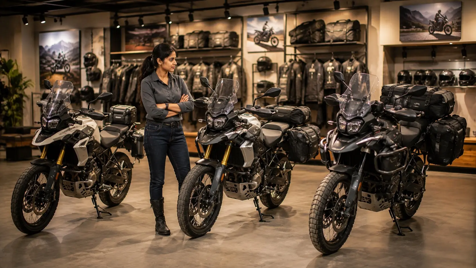 A rider comparing different motorcycle luggage setups before choosing one for touring.