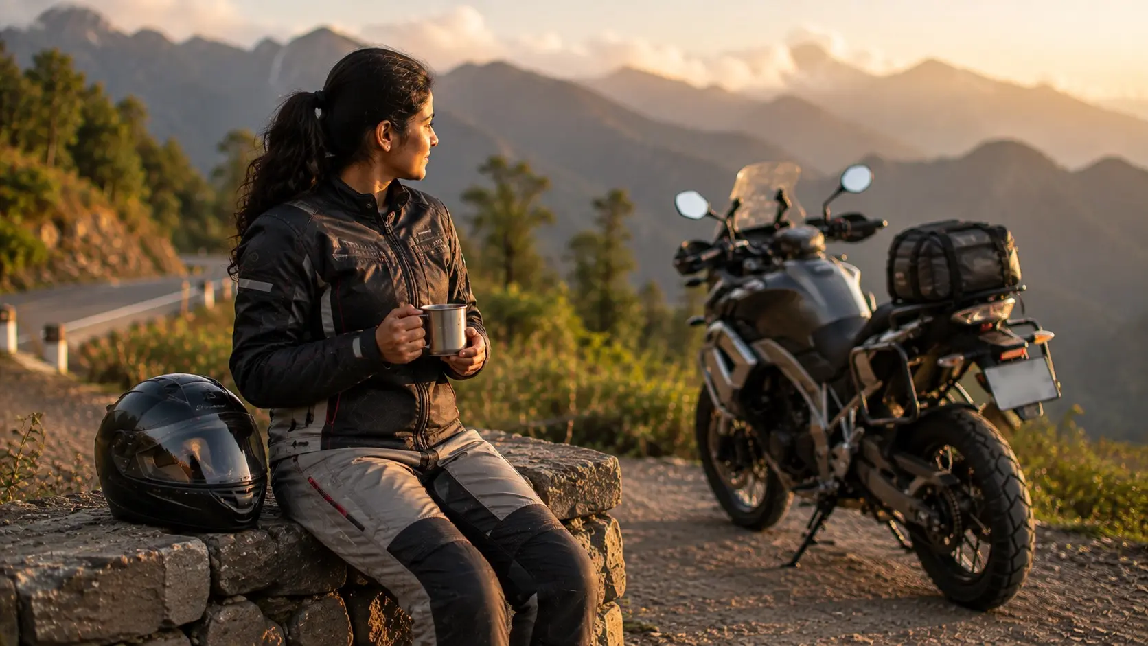 A male commuter comfortably wearing motorcycle riding jeans while walking toward a roadside cafe after parking his motorcycle.
