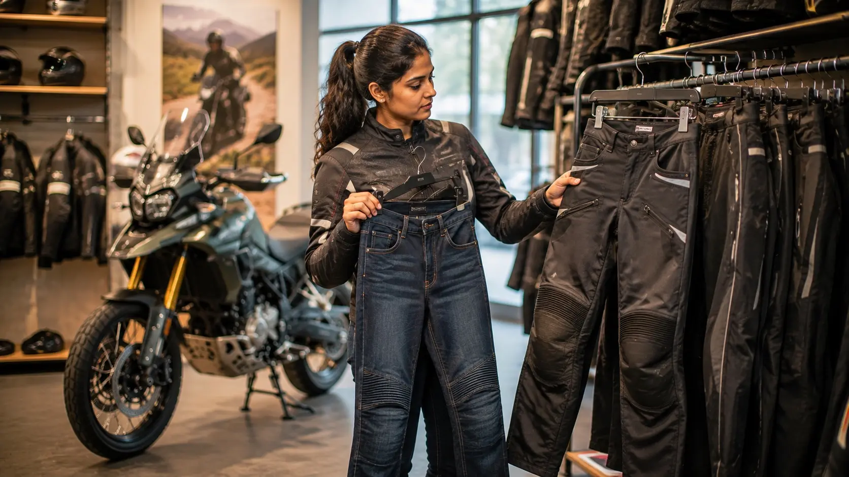 A rider comparing motorcycle riding pants in a premium motorcycle riding gear store.