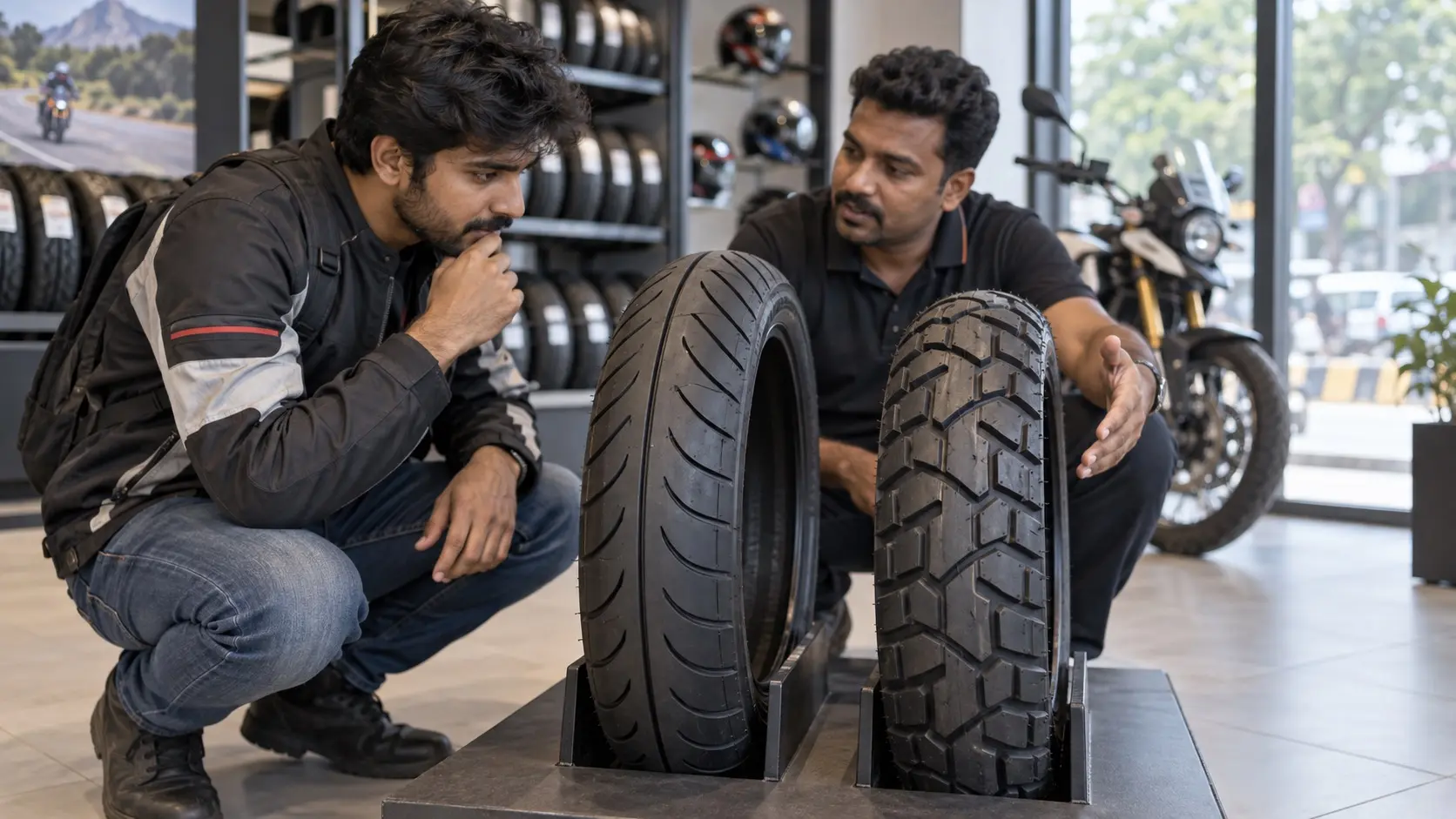 An Indian rider comparing an original equipment motorcycle tyre with a compatible alternative at a professional tyre store.