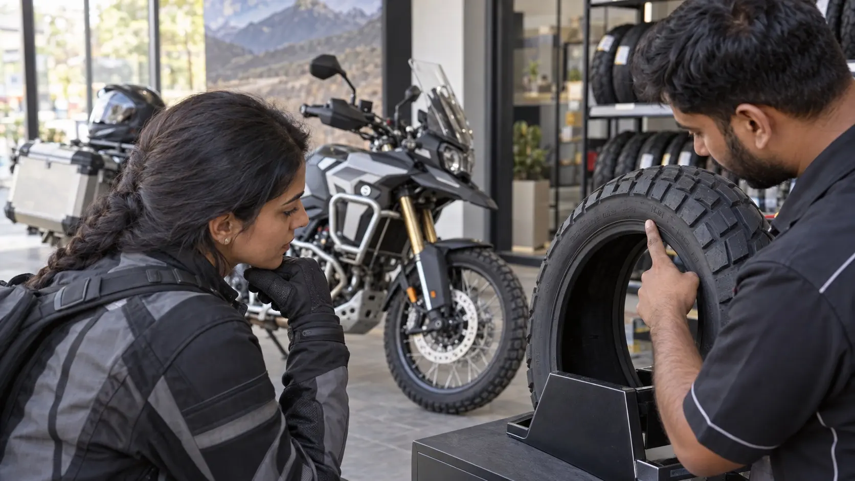 A motorcycle tyre specialist showing an Indian rider the sidewall markings on a replacement tyre beside a parked motorcycle.