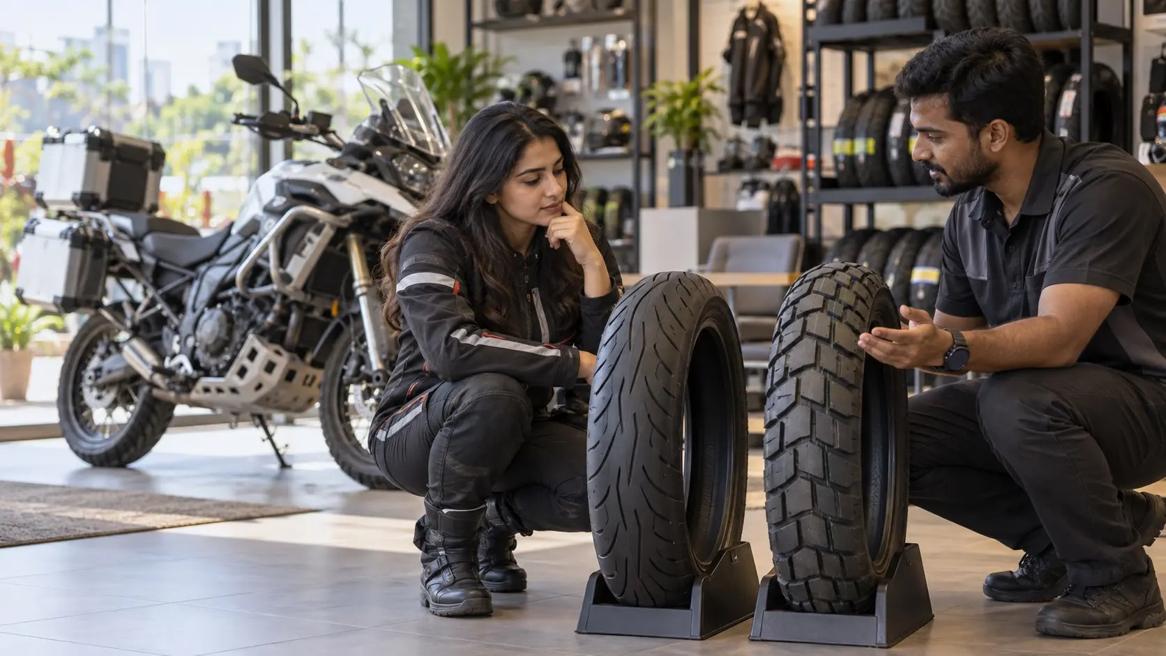 An Indian rider comparing motorcycle tyre options with a specialist at a professional tyre store.