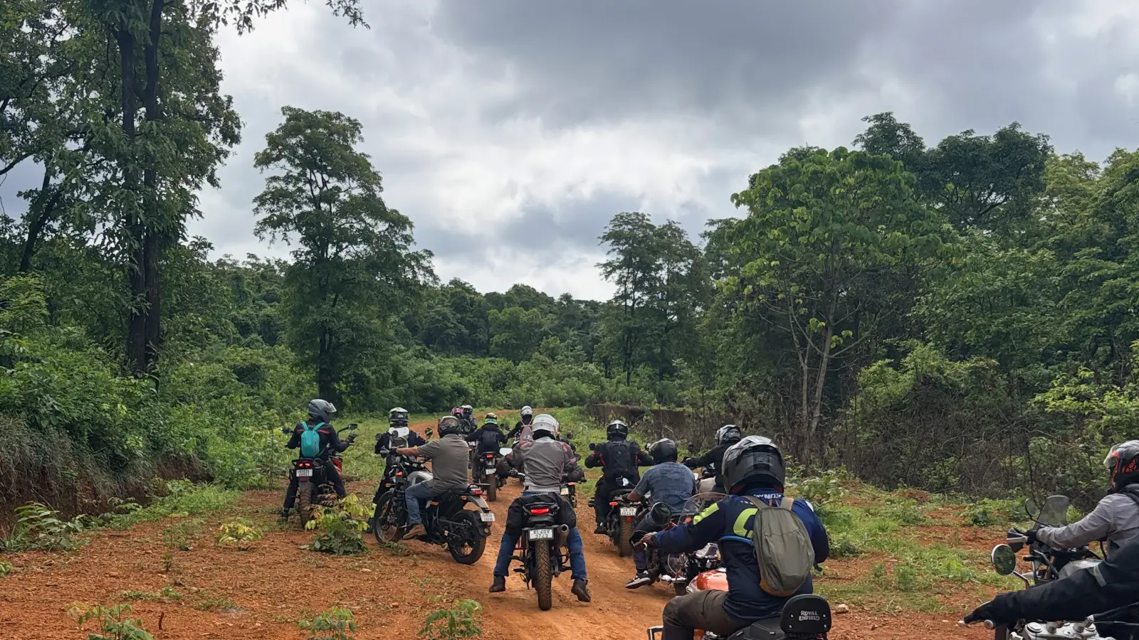 A group of adventure riders heads deeper along a forest trail as the ride continues through the Western Ghats.