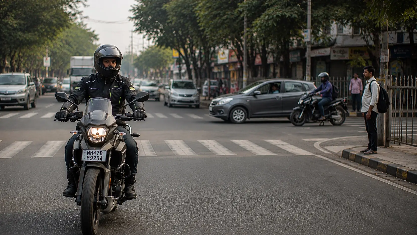 Motorcyclist scanning traffic ahead while approaching a busy junction