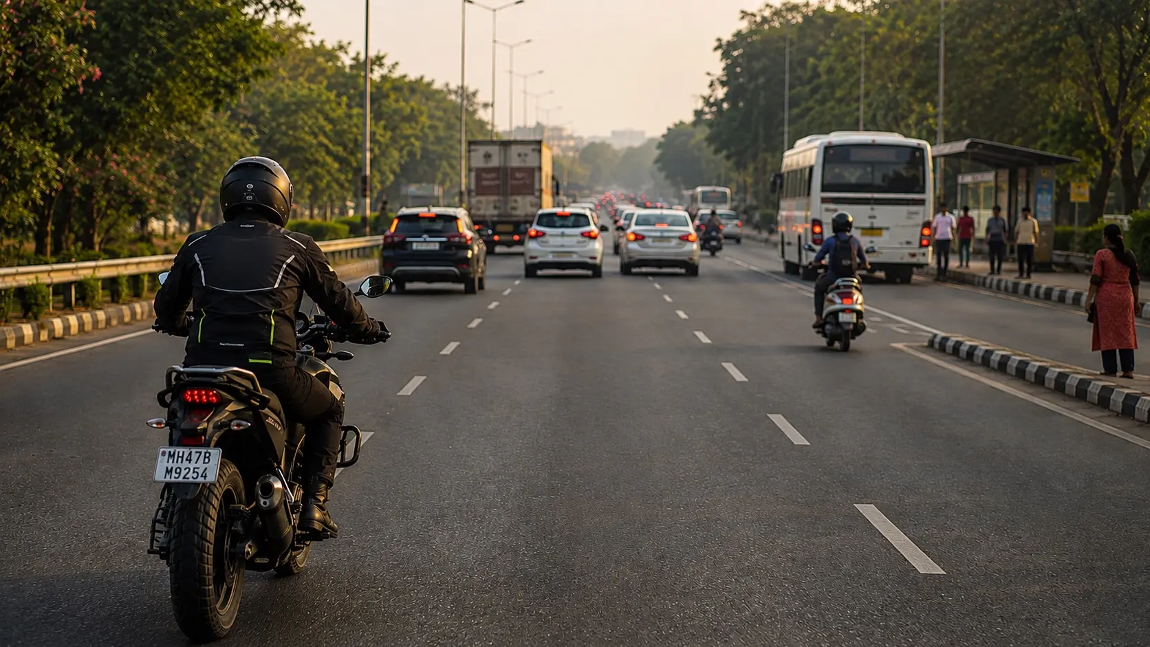 Motorcyclist scanning traffic ahead on a busy Indian road