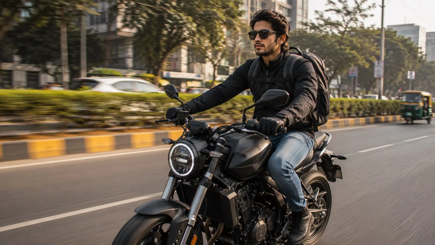 Motorcyclist commuting with a backpack