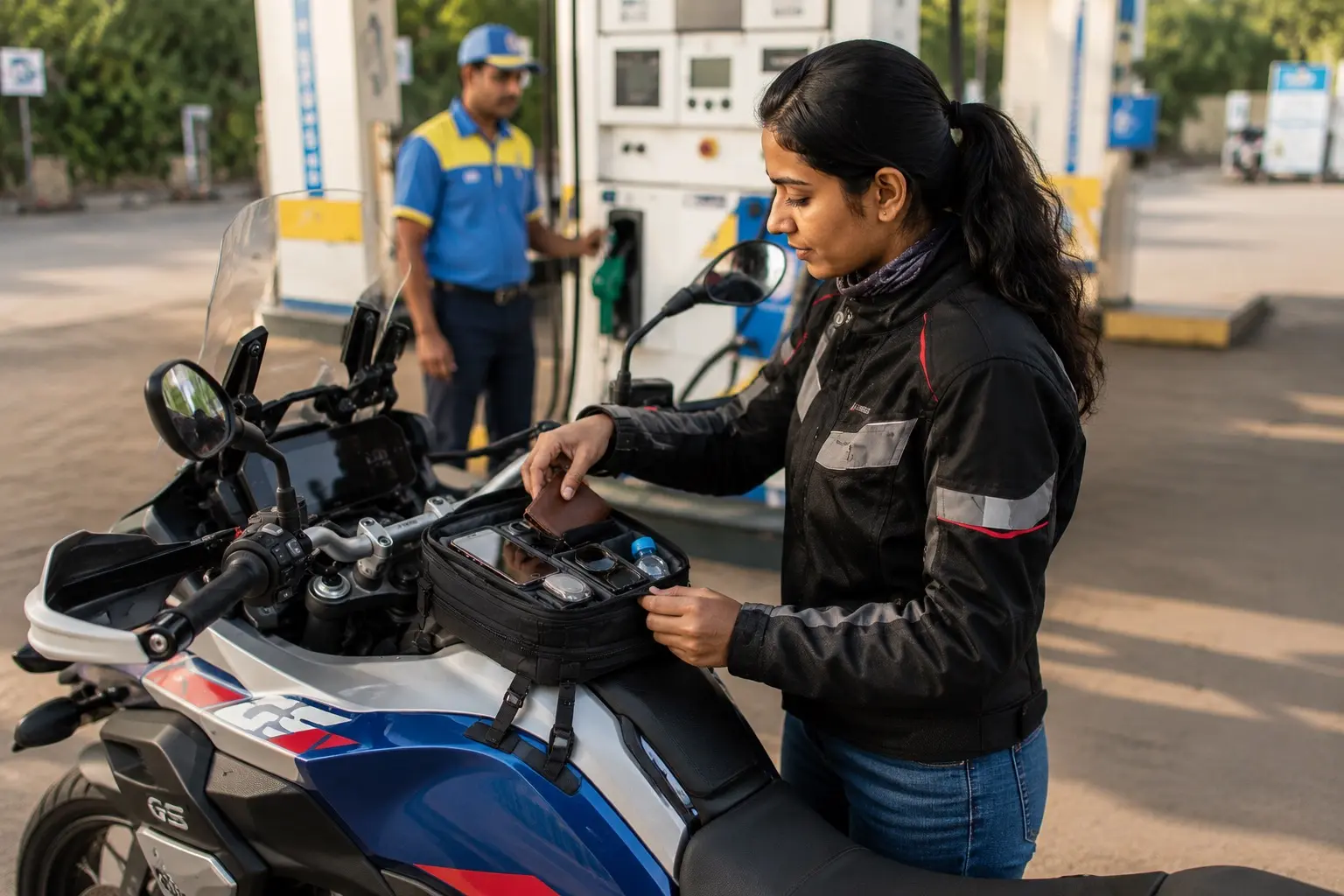 Tank bag opened during a fuel stop