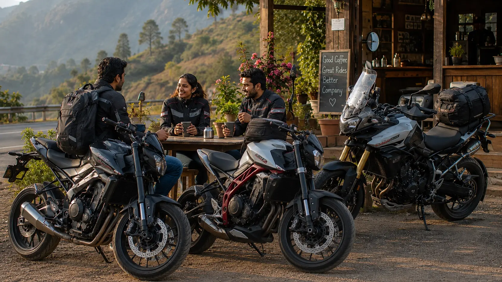 Three riders comparing different motorcycle luggage options during a touring stop