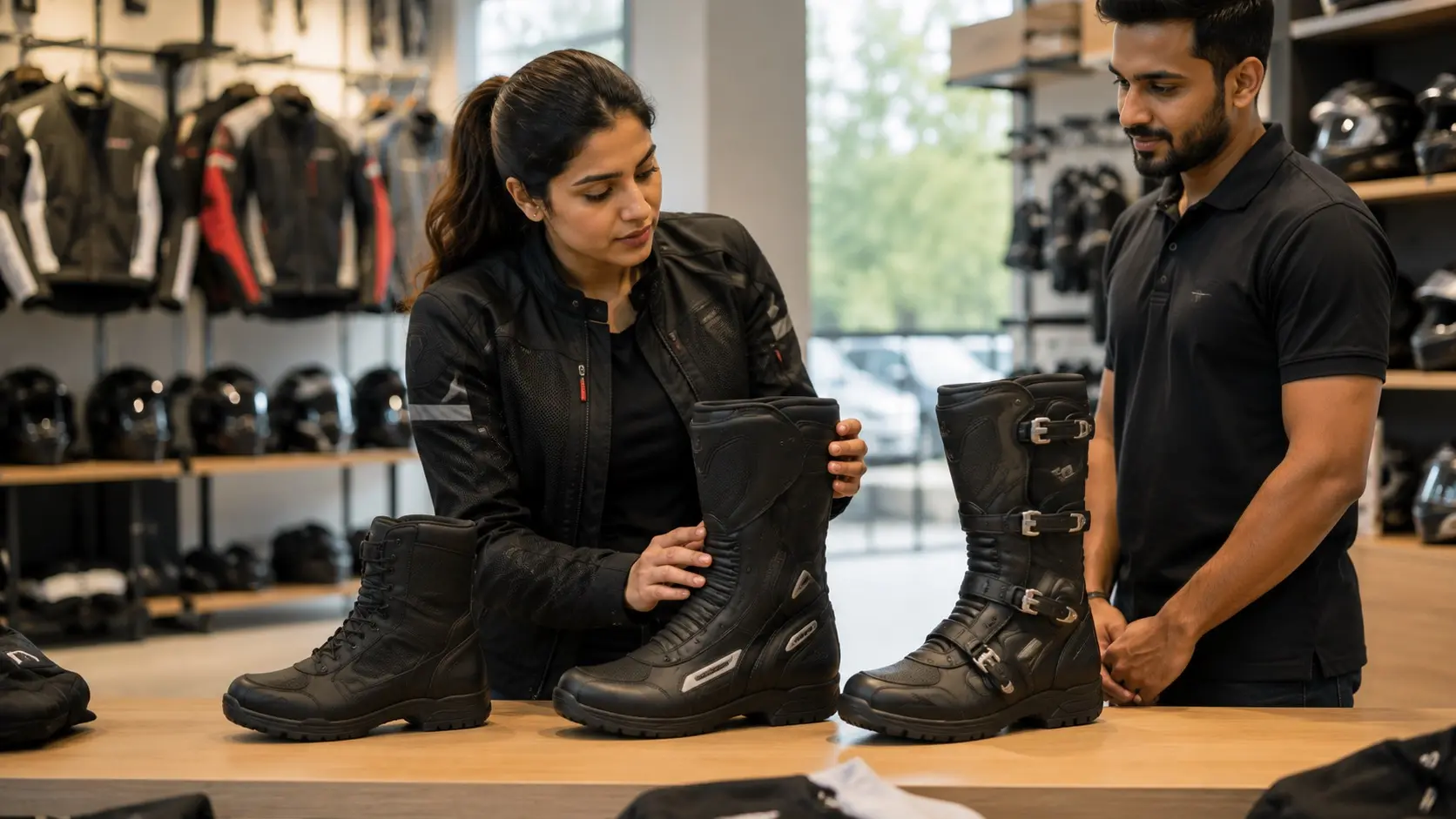 An Indian rider comparing different styles of motorcycle boots in a riding gear store.