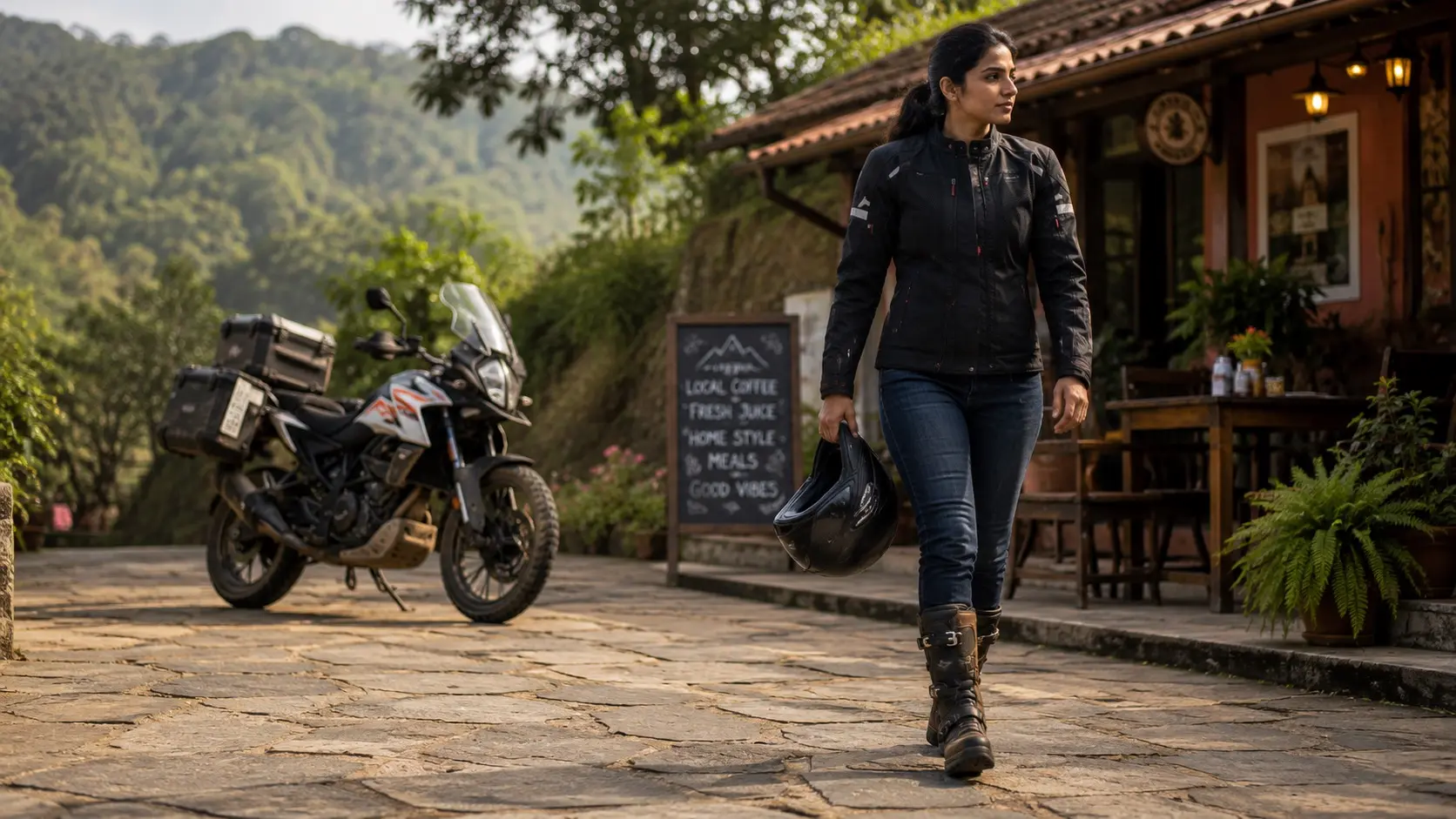 A touring rider walking comfortably through a roadside stop while wearing motorcycle boots after parking the bike.