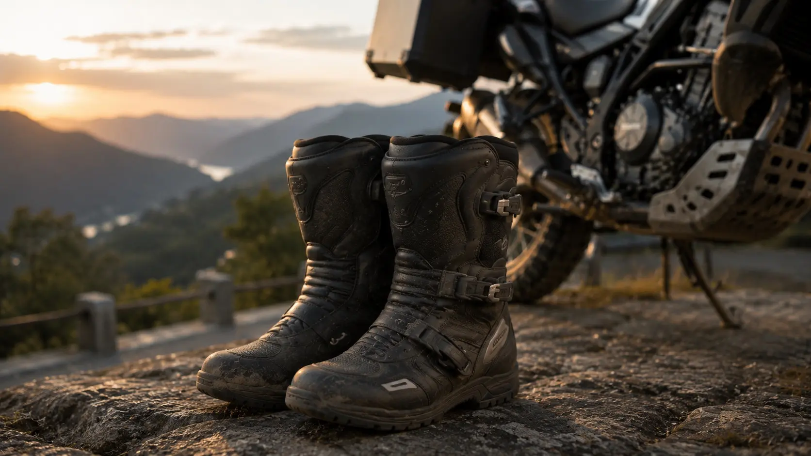 Close view of well used motorcycle riding boots beside a touring motorcycle after thousands of kilometres on the road.