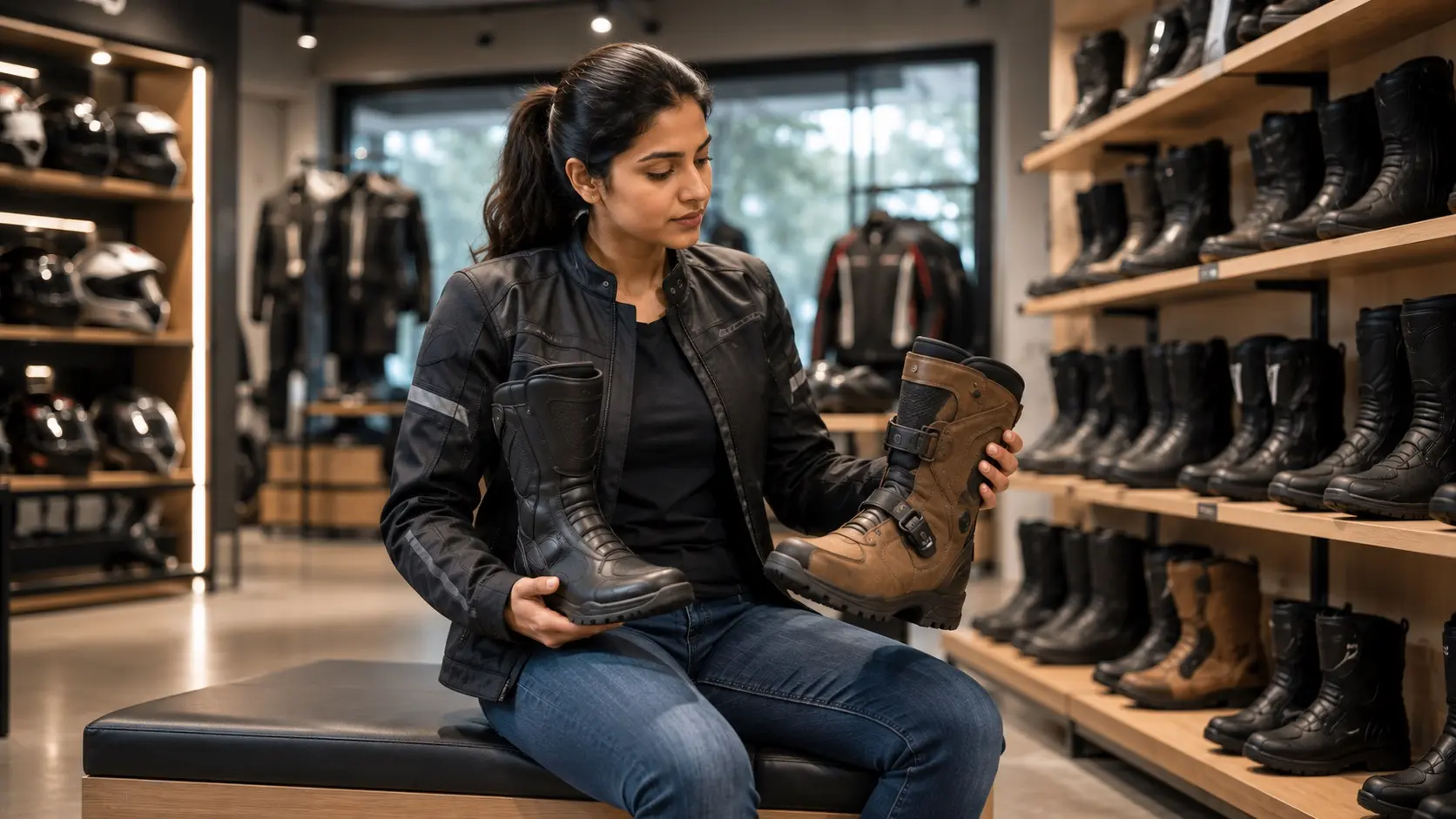 An Indian rider comparing motorcycle riding boots in a premium riding gear store before making a purchase.