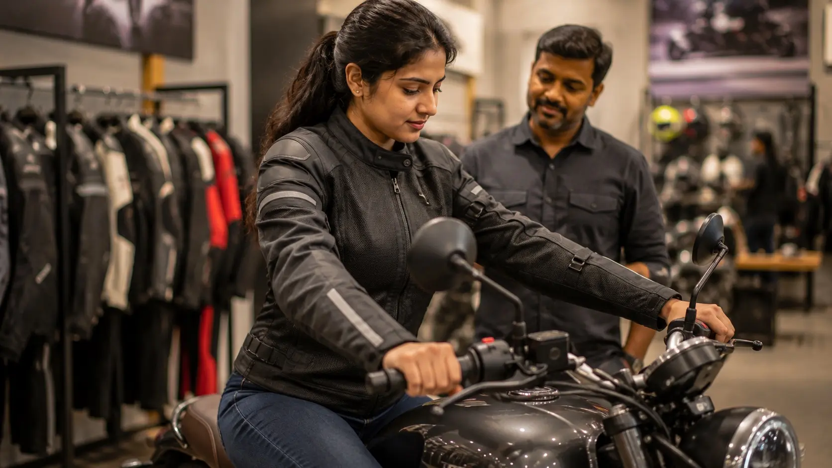 Rider comparing motorcycle riding jackets inside a premium riding gear store.