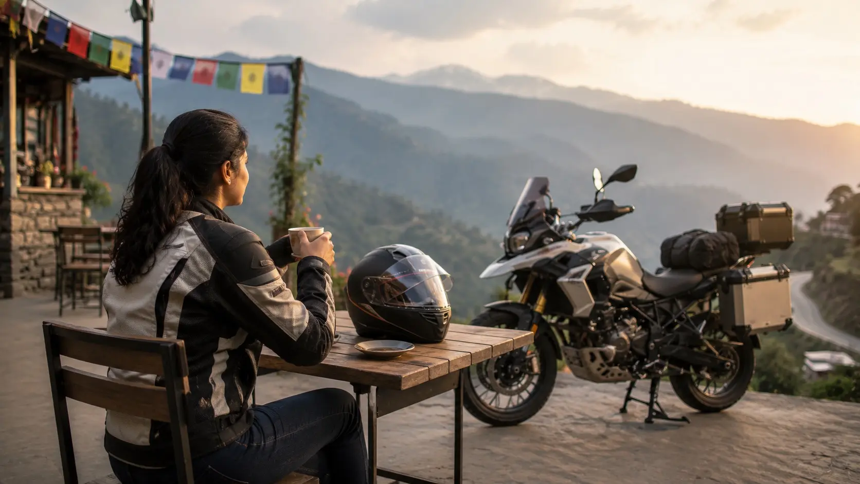 An Indian rider wearing a properly fitted riding jacket while seated on a motorcycle.