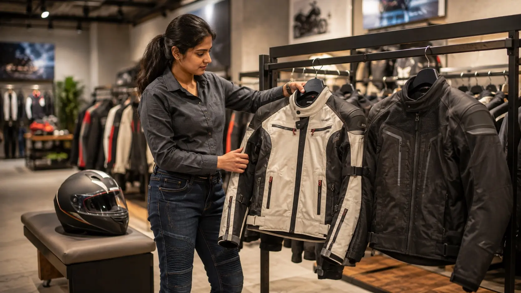 An Indian rider comparing motorcycle riding jackets in a premium riding gear store before making a purchase.