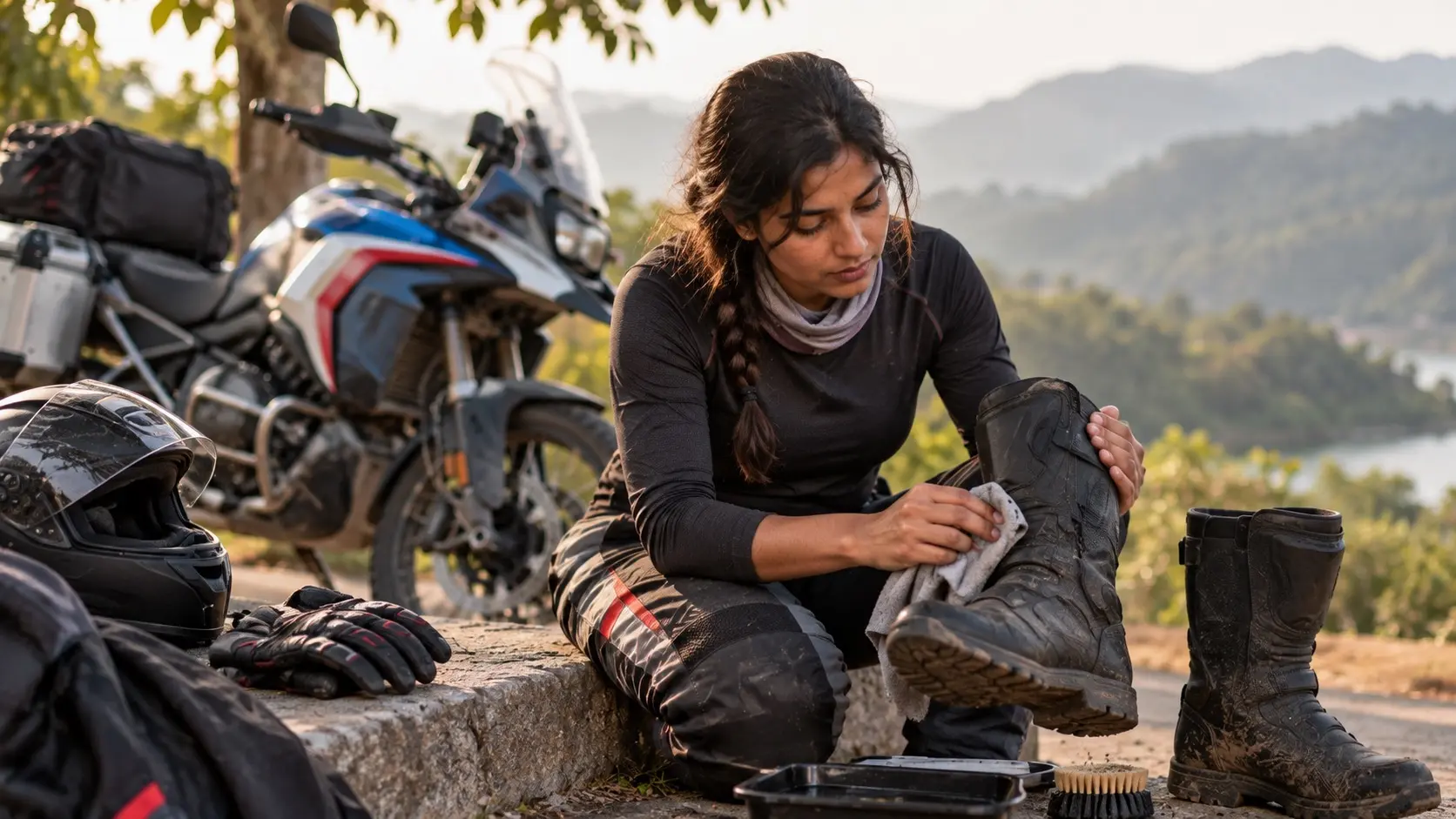 Female rider gently cleaning a motorcycle riding boot after a ride
