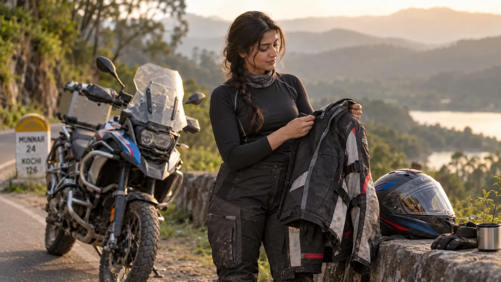 Female motorcyclist caring for her riding gear after returning from a ride.