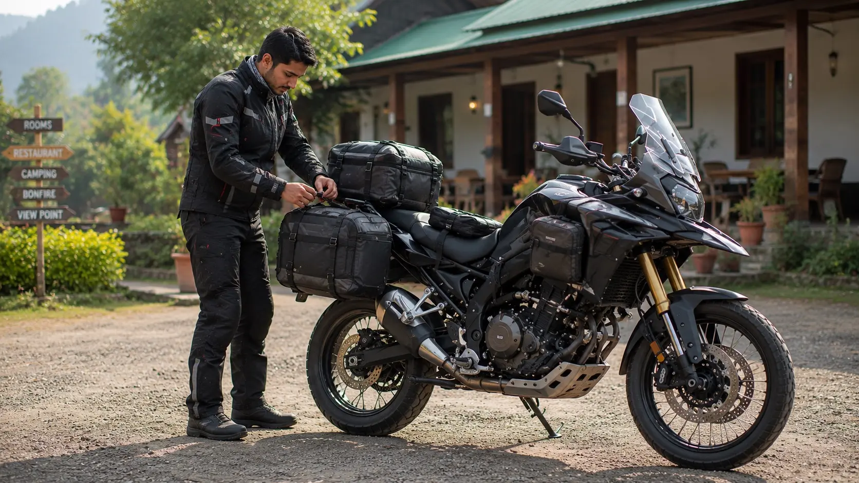 Motorcyclist loading luggage onto a touring motorcycle
