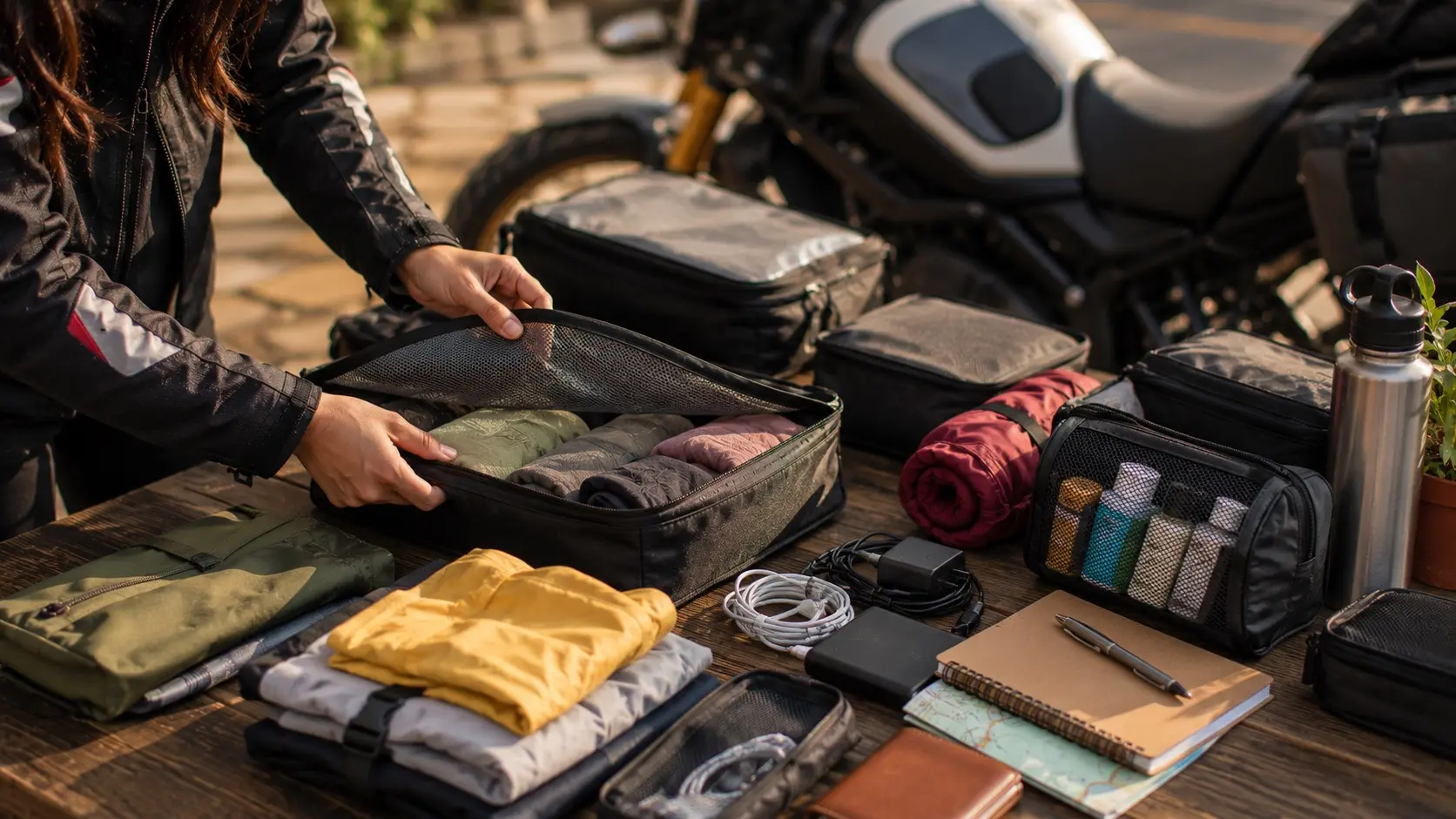 Organized packing cubes and touring gear