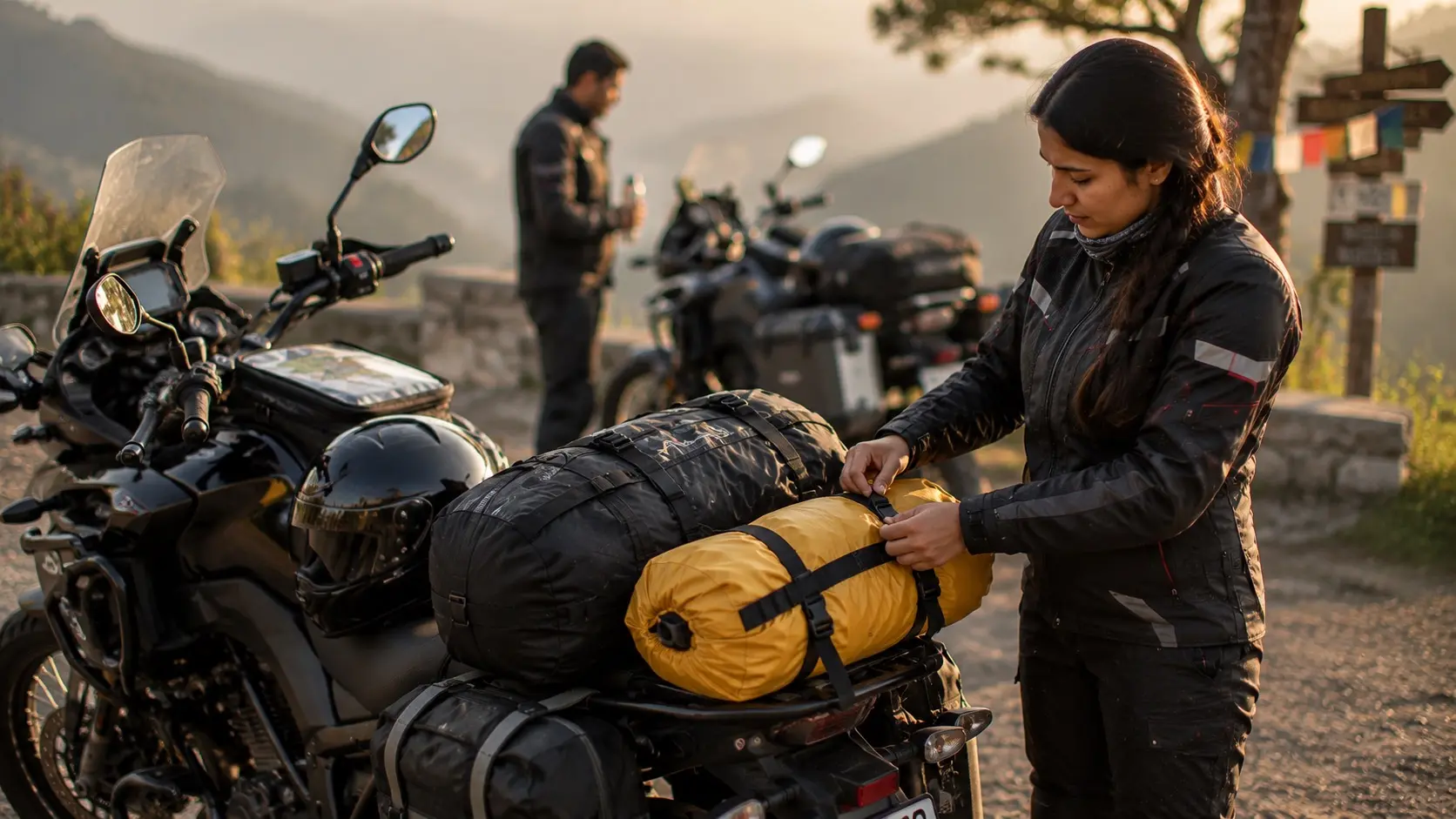 Touring rider securing rain gear on a motorcycle