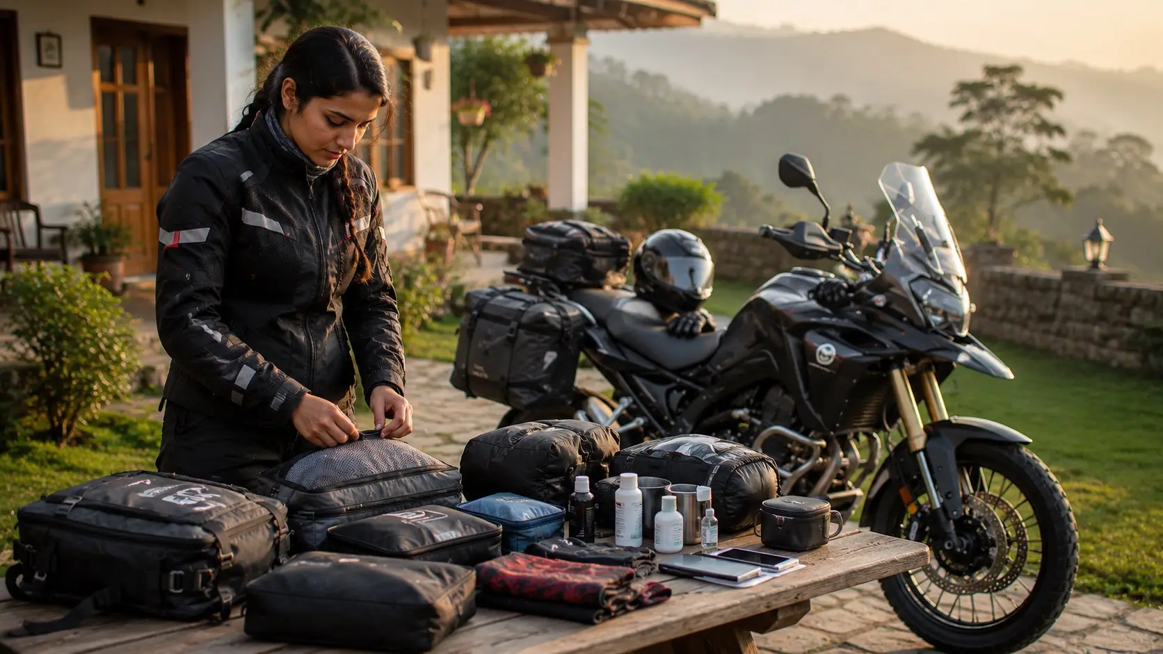 Motorcyclist organizing luggage before a motorcycle road trip