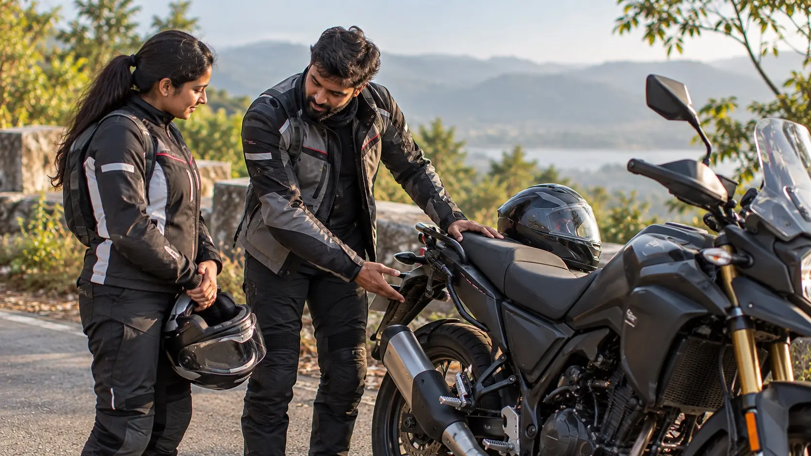 Rider briefing a pillion beside a parked motorcycle before departure