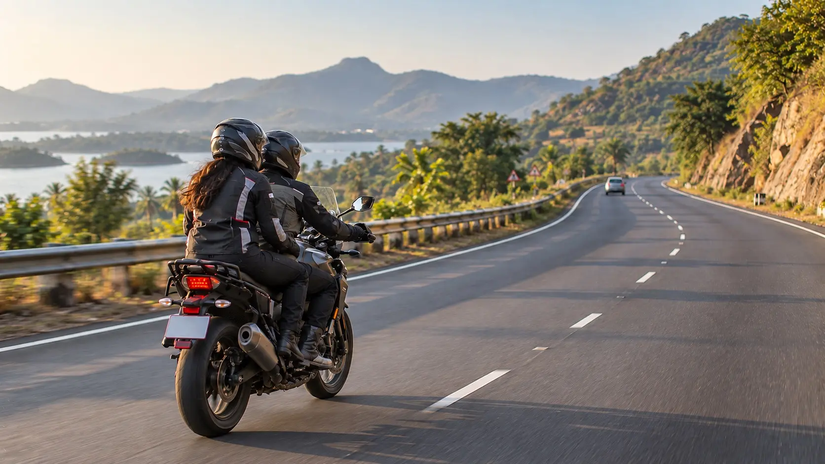 Motorcyclist and pillion riding smoothly together on an open road