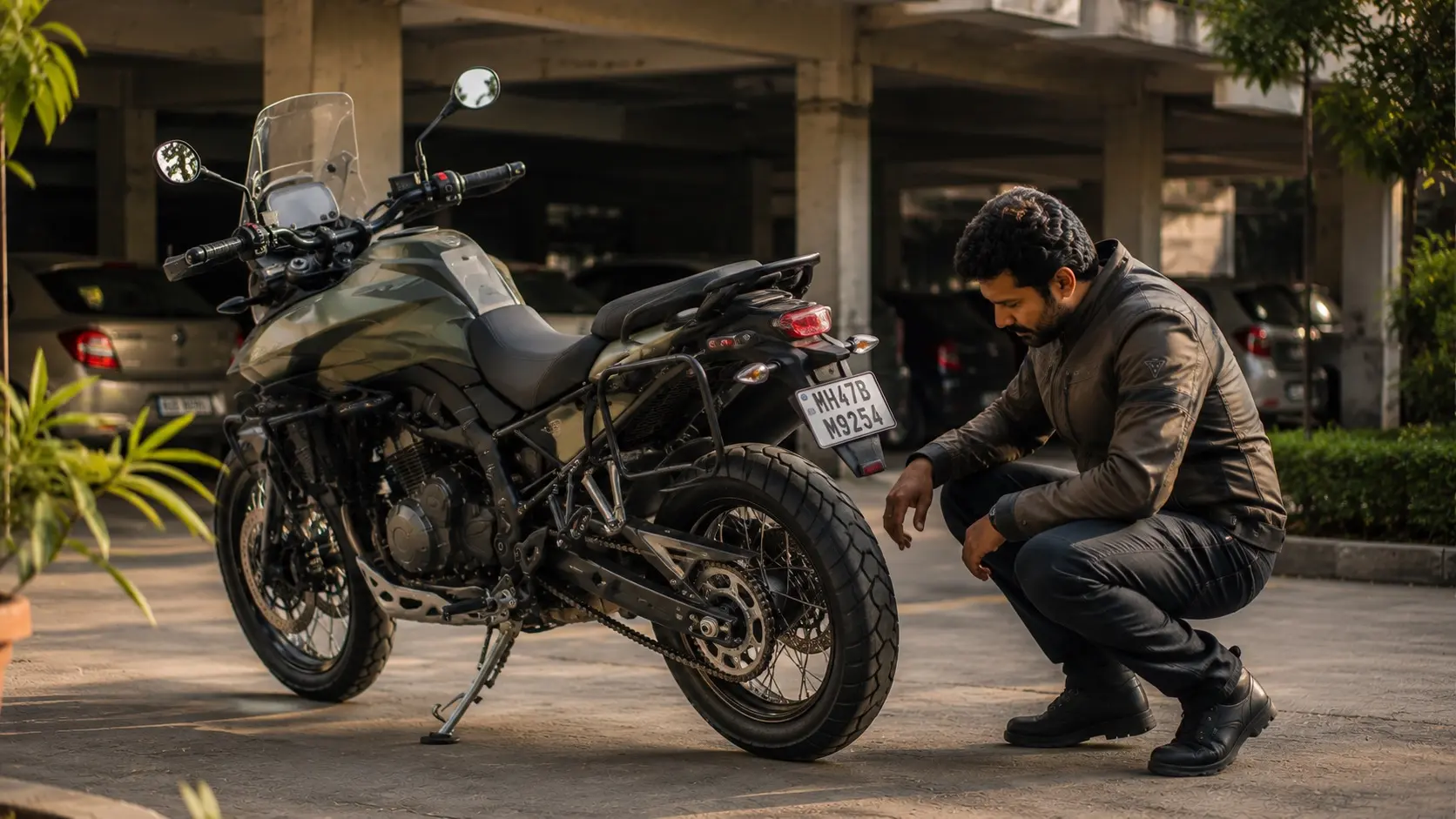 A rider performing a relaxed pre ride inspection beside a parked motorcycle in an apartment parking area.