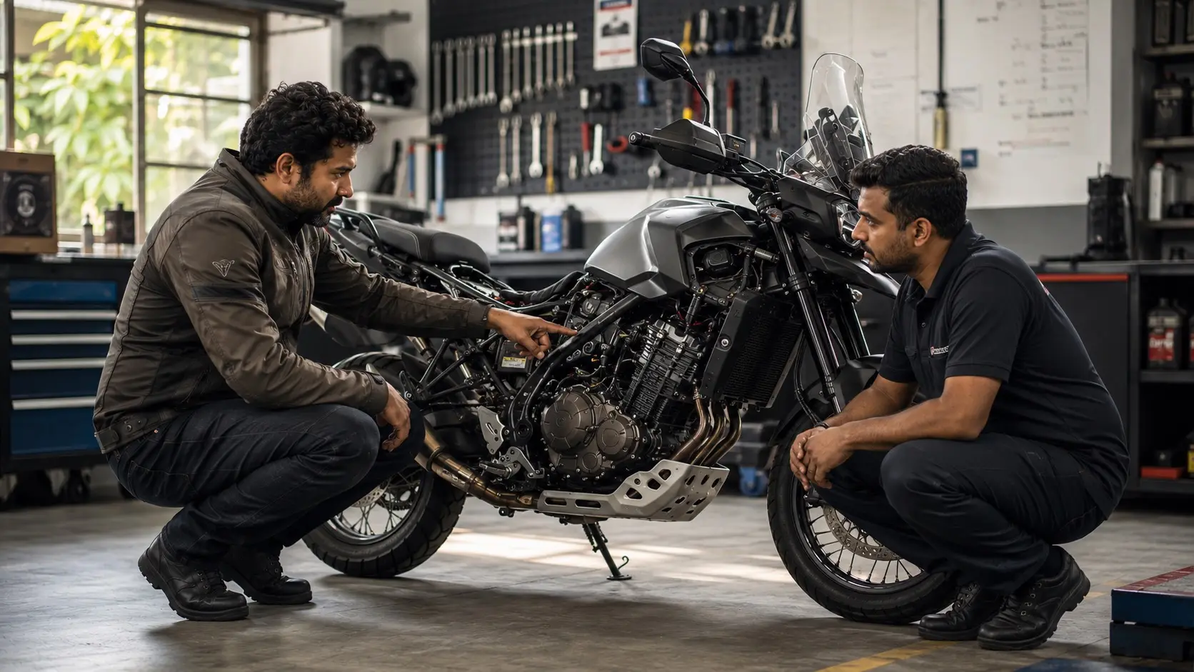 A rider discussing an observation with a professional mechanic beside a motorcycle in a clean workshop, both focused on understanding rather than repairing.