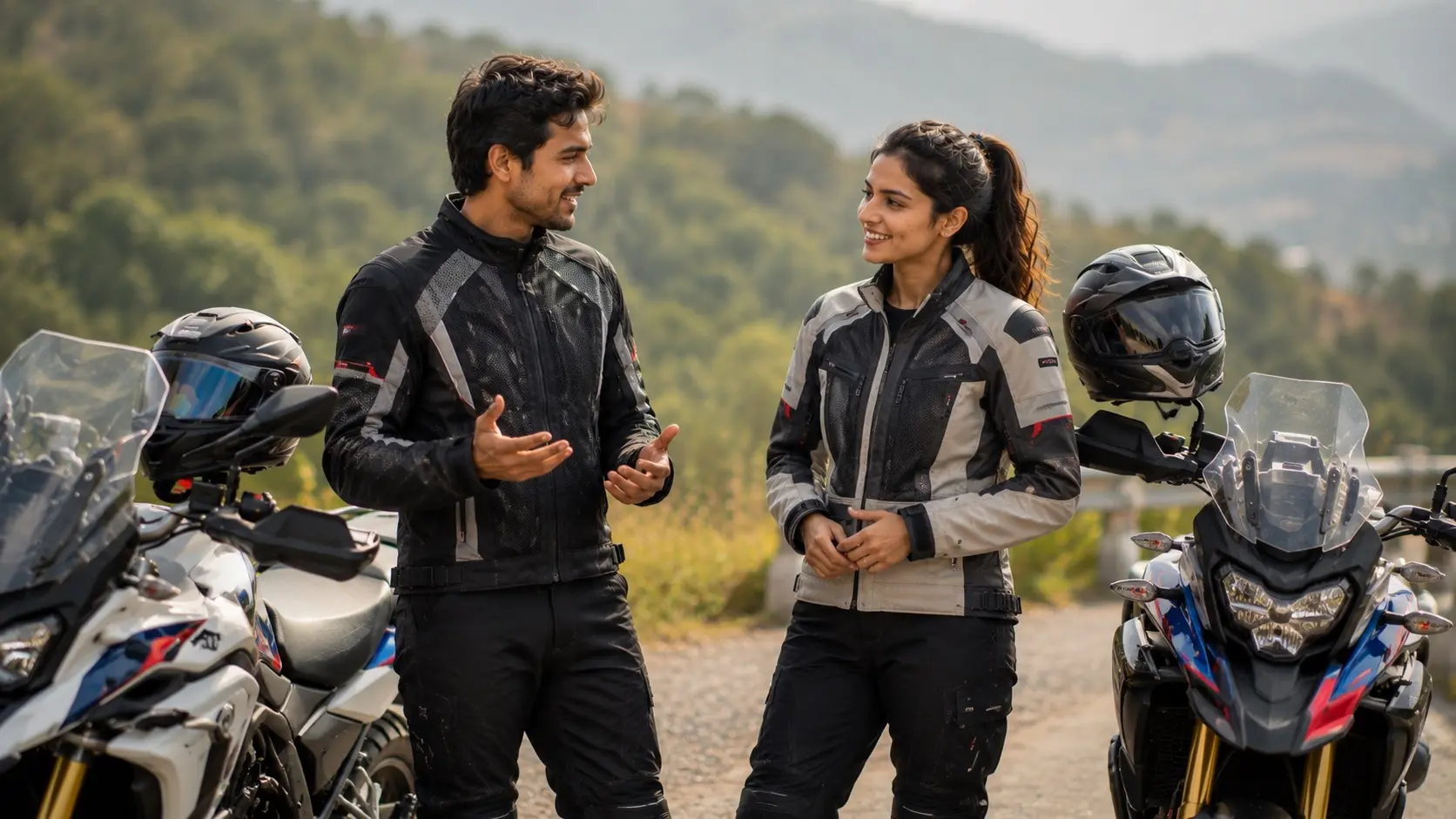 Riders comparing mesh and textile jackets before a ride
