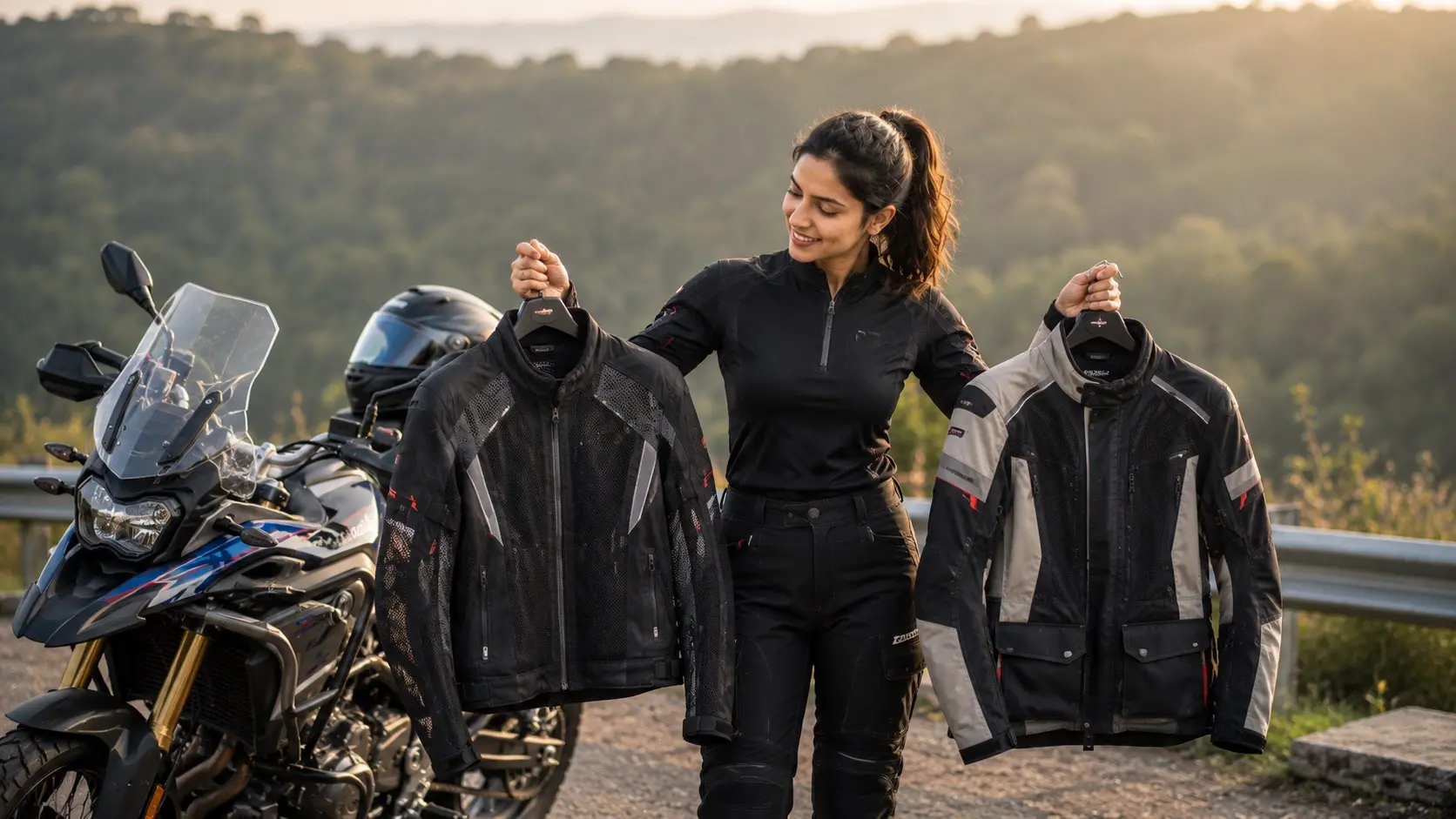 Rider comparing mesh and textile motorcycle jackets