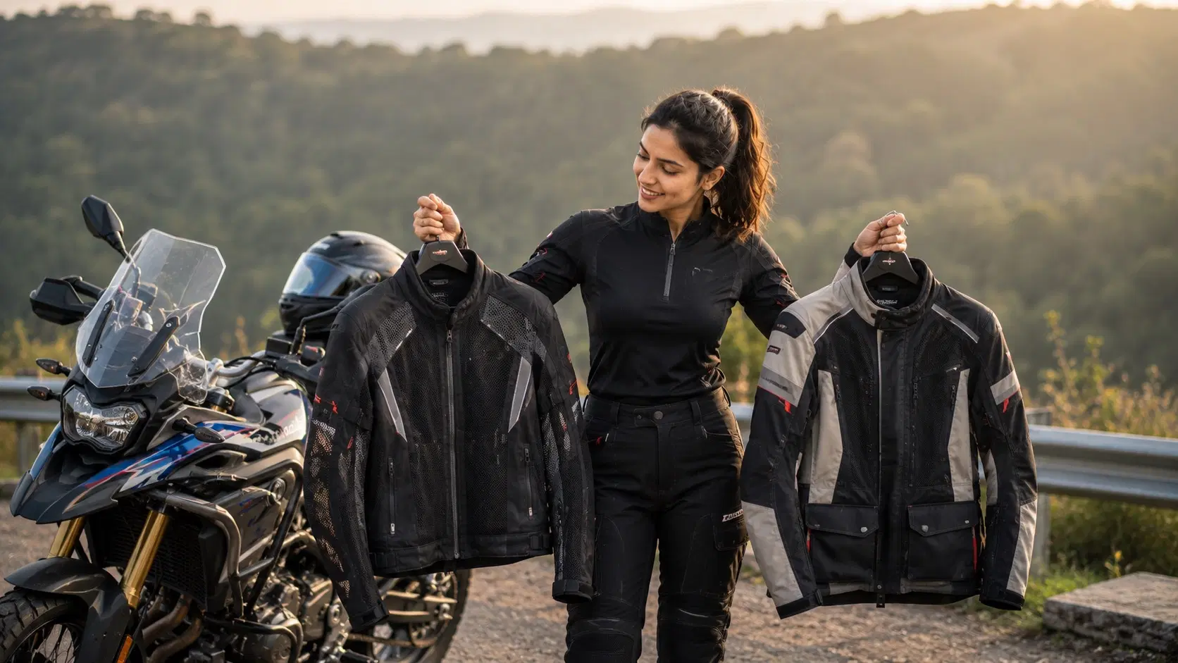 Rider comparing mesh and textile motorcycle jackets