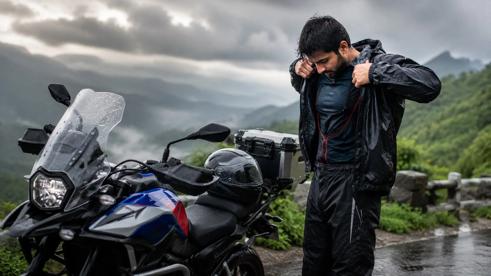 Motorcyclist putting on a rain layer before a ride