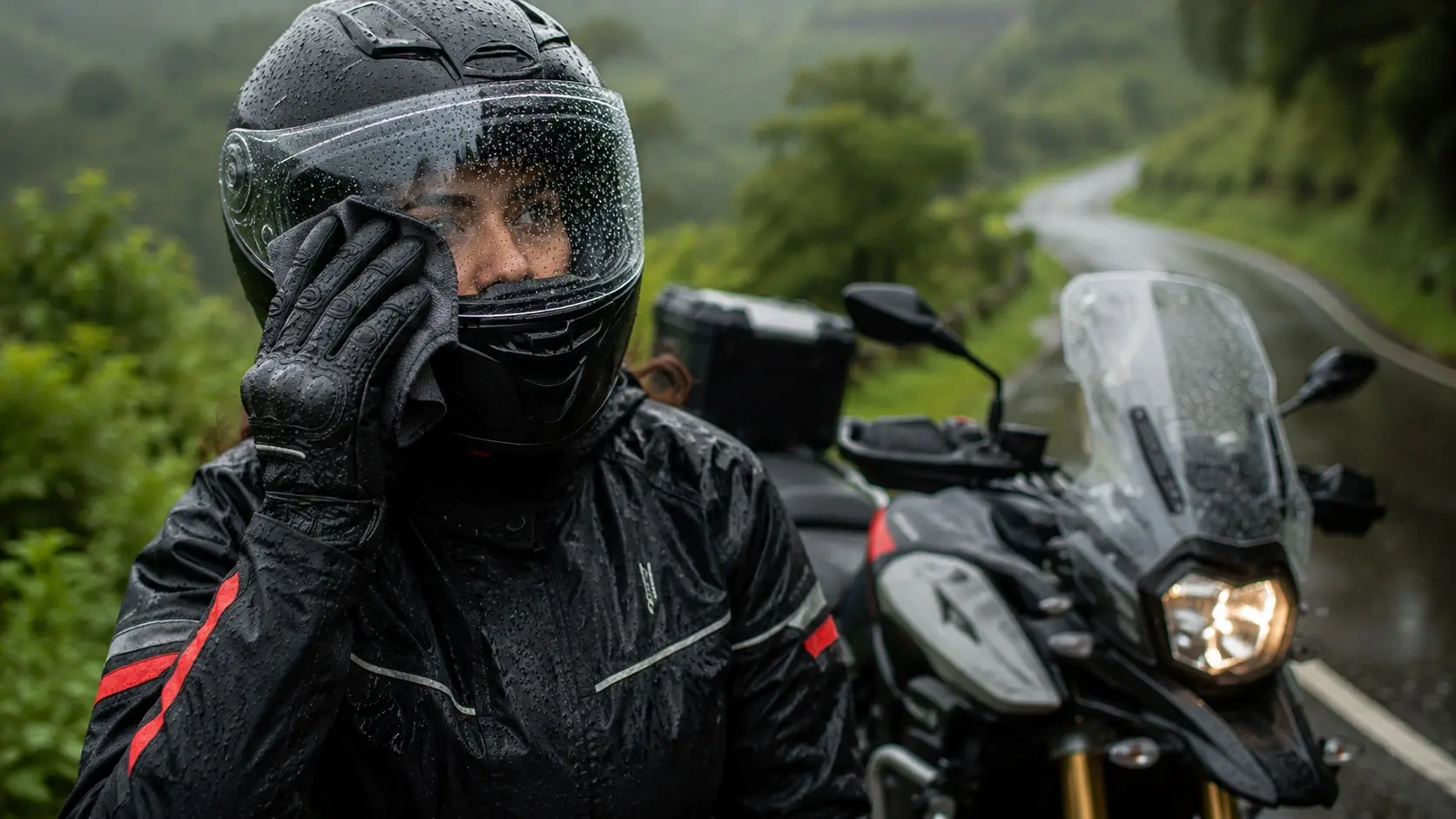 Rider clearing rain from a visor during wet weather