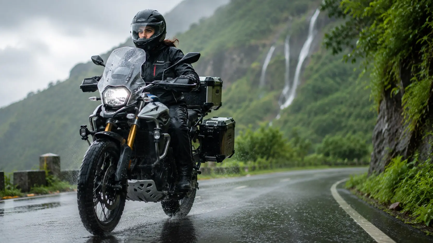 Motorcyclist riding through rain wearing waterproof riding gear
